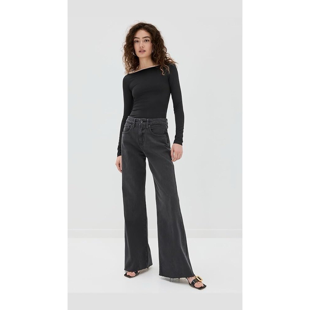 Good American Jean Good Ease Relaxed Washed Black Wide Leg High Rise Raw Hem